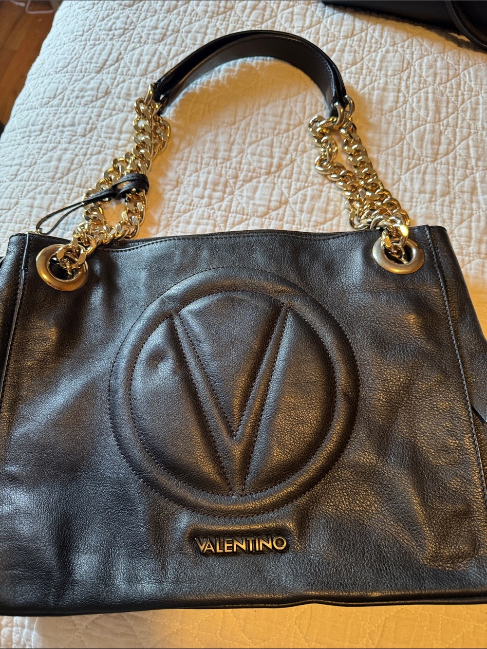 Valentino Black Leather Tote with Gold Chain Handles and Embossed V Logo